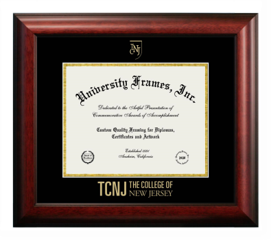 College of New Jersey Diploma Frame in Satin Mahogany with Black & Gold Mats for DOCUMENT: 8 1/2"H X 11"W  