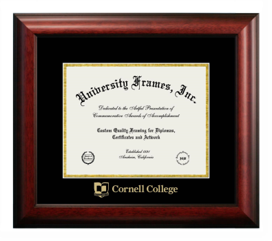 Cornell College Diploma Frame in Satin Mahogany with Black & Gold Mats for DOCUMENT: 8 1/2"H X 11"W  