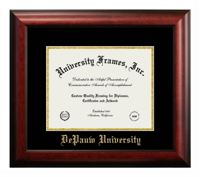 DePauw University Diploma Frame in Satin Mahogany with Black & Gold Mats for DOCUMENT: 8 1/2"H X 11"W  