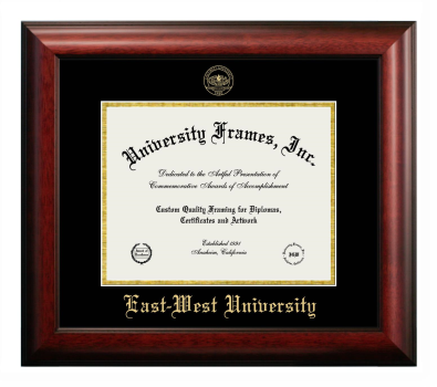 East-West University Diploma Frame in Satin Mahogany with Black & Gold Mats for DOCUMENT: 8 1/2"H X 11"W  