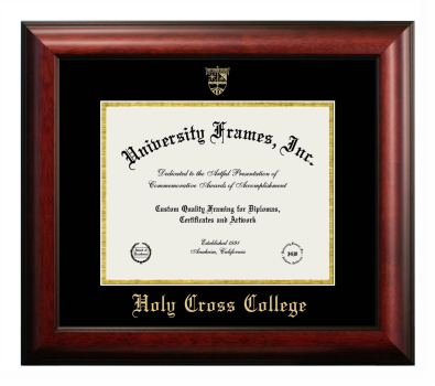 Holy Cross College Diploma Frame in Satin Mahogany with Black & Gold Mats for document: 8 1/2"h x 11"w  