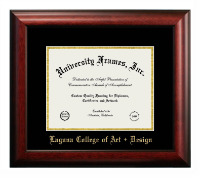 Laguna College of Art + Design Diploma Frame in Satin Mahogany with Black & Gold Mats for document: 8 1/2"h x 11"w  
