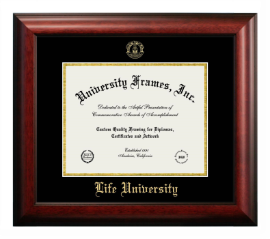 Life University Diploma Frame in Satin Mahogany with Black & Gold Mats for document: 8 1/2"h x 11"w  