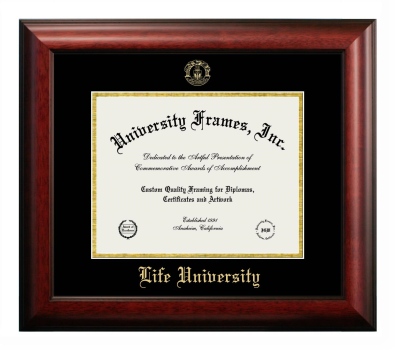 Life University Diploma Frame in Satin Mahogany with Black & Gold Mats for DOCUMENT: 8 1/2"H X 11"W  