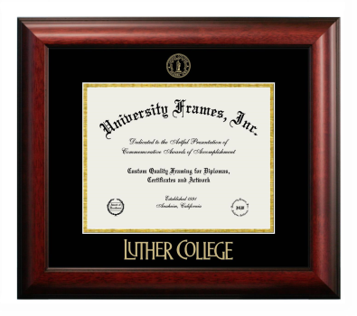 Luther College Diploma Frame in Satin Mahogany with Black & Gold Mats for DOCUMENT: 8 1/2"H X 11"W  