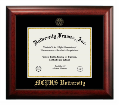 MCPHS (Massachusetts College of Pharmacy and Health Sciences) University Diploma Frame in Satin Mahogany with Black & Gold Mats for DOCUMENT: 8 1/2"H X 11"W  