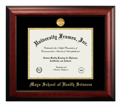 Mayo School of Health Sciences (former name) Diploma Frame in Satin Mahogany with Black & Gold Mats for DOCUMENT: 8 1/2"H X 11"W  