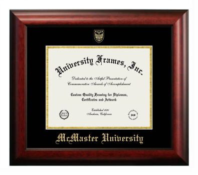 McMaster University Diploma Frame in Satin Mahogany with Black & Gold Mats for document: 8 1/2"h x 11"w  