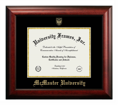 McMaster University Diploma Frame in Satin Mahogany with Black & Gold Mats for DOCUMENT: 8 1/2"H X 11"W  