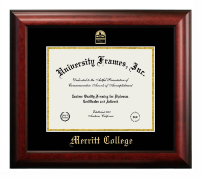 Merritt College Diploma Frame in Satin Mahogany with Black & Gold Mats for document: 8 1/2"h x 11"w  