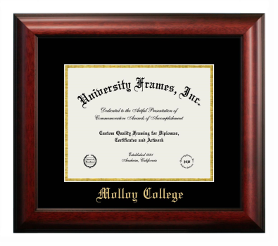 Molloy College Diploma Frame in Satin Mahogany with Black & Gold Mats for DOCUMENT: 8 1/2"H X 11"W  