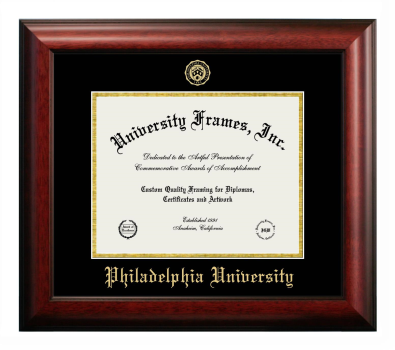 Philadelphia University Diploma Frame in Satin Mahogany with Black & Gold Mats for DOCUMENT: 8 1/2"H X 11"W  