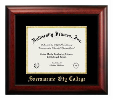 Sacramento City College Diploma Frame in Satin Mahogany with Black & Gold Mats for DOCUMENT: 8 1/2"H X 11"W  