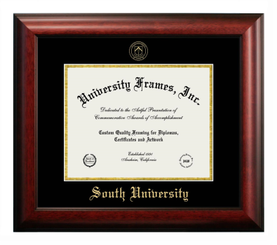 South University Diploma Frame in Satin Mahogany with Black & Gold Mats for document: 8 1/2"h x 11"w  
