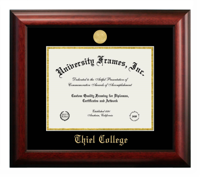 Thiel College Diploma Frame in Satin Mahogany with Black & Gold Mats for document: 8 1/2"h x 11"w  