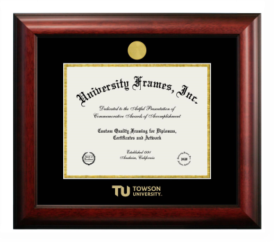 Towson University Diploma Frame in Satin Mahogany with Black & Gold Mats for DOCUMENT: 8 1/2"H X 11"W  