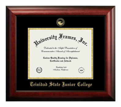 Trinidad State Junior College Diploma Frame in Satin Mahogany with Black & Gold Mats for DOCUMENT: 8 1/2"H X 11"W  