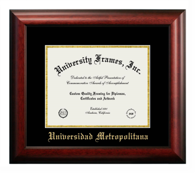 Universidad Metropolitana Diploma Frame in Satin Mahogany with Black & Gold Mats for document: 8 1/2"h x 11"w  