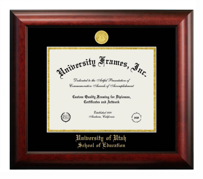 University of Utah School of Education Diploma Frame in Satin Mahogany with Black & Gold Mats for document: 8 1/2"h x 11"w  