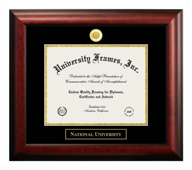 National University Diploma Frame in Satin Mahogany with Black & Gold Mats for document: 8 1/2"h x 11"w  