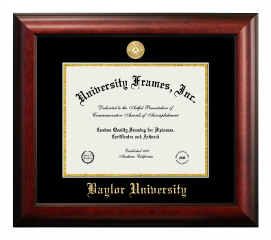 Baylor University Diploma Frame in Satin Mahogany with Black & Gold Mats for document: 8 1/2"h x 11"w  