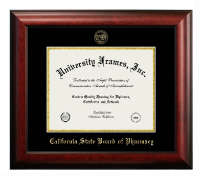 California State Board of Pharmacy Diploma Frame in Satin Mahogany with Black & Gold Mats for document: 8 1/2"h x 11"w  