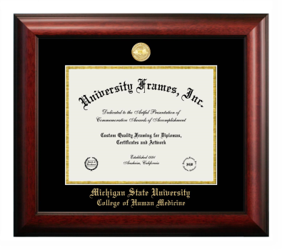 Michigan State University College of Human Medicine Diploma Frame in Satin Mahogany with Black & Gold Mats for document: 8 1/2"h x 11"w  