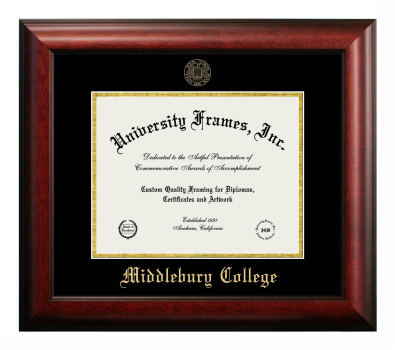 Middlebury College Diploma Frame in Satin Mahogany with Black & Gold Mats for document: 8 1/2"h x 11"w  