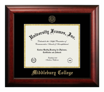 Middlebury College Diploma Frame in Satin Mahogany with Black & Gold Mats for DOCUMENT: 8 1/2"H X 11"W  