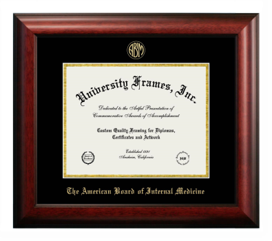 American Board of Internal Medicine Diploma Frame in Satin Mahogany with Black & Gold Mats for DOCUMENT: 8 1/2"H X 11"W  
