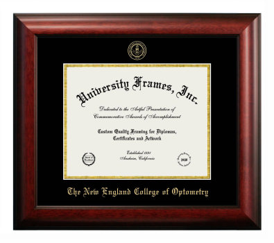 New England College of Optometry Diploma Frame in Satin Mahogany with Black & Gold Mats for document: 8 1/2"h x 11"w  