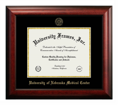University of Nebraska Medical Center Diploma Frame in Satin Mahogany with Black & Gold Mats for DOCUMENT: 8 1/2"H X 11"W  