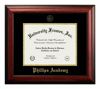 Phillips Academy Diploma Frame in Satin Mahogany with Black & Gold Mats for DOCUMENT: 8 1/2"H X 11"W  