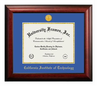 California Institute of Technology Diploma Frame in Satin Mahogany with Royal Blue & Gold Mats for DOCUMENT: 8 1/2"H X 11"W  