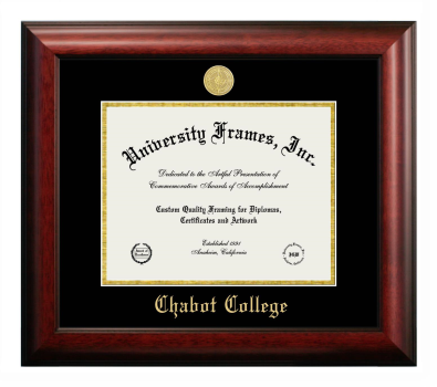 Chabot College Diploma Frame in Satin Mahogany with Black & Gold Mats for document: 8 1/2"h x 11"w  