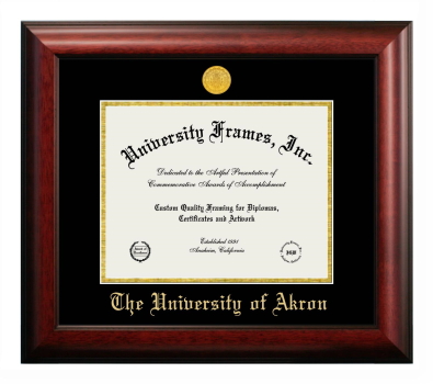University of Akron Diploma Frame in Satin Mahogany with Black & Gold Mats for document: 8 1/2"h x 11"w  