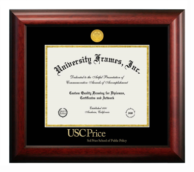 University of Southern California Sol Price School of Public Policy Diploma Frame in Satin Mahogany with Black & Gold Mats for DOCUMENT: 8 1/2"H X 11"W  
