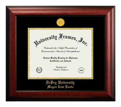 DeVry University Magna Cum Laude Diploma Frame in Satin Mahogany with Black & Gold Mats for DOCUMENT: 8 1/2"H X 11"W  