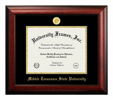 Middle Tennessee State University Diploma Frame in Satin Mahogany with Black & Gold Mats for DOCUMENT: 8 1/2"H X 11"W  