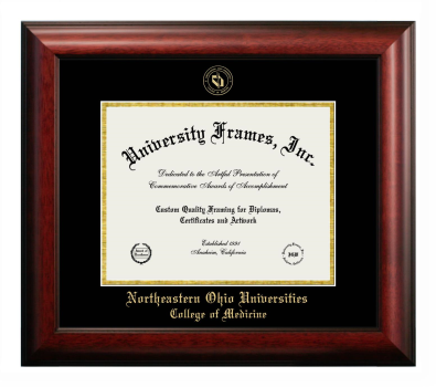 Northeastern Ohio Universities College of Medicine Diploma Frame in Satin Mahogany with Black & Gold Mats for DOCUMENT: 8 1/2"H X 11"W  