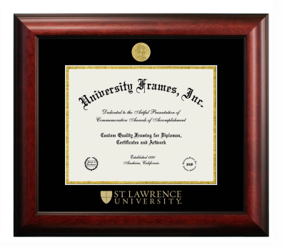St. Lawrence University Diploma Frame in Satin Mahogany with Black & Gold Mats for DOCUMENT: 8 1/2"H X 11"W  