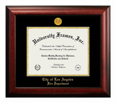 City of Los Angeles Fire Deparment Diploma Frame in Satin Mahogany with Black & Gold Mats for document: 8 1/2"h x 11"w  