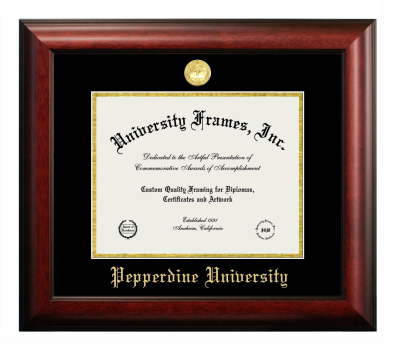 Pepperdine University Diploma Frame in Satin Mahogany with Black & Gold Mats for DOCUMENT: 8 1/2"H X 11"W  