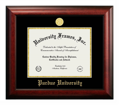 Purdue University Diploma Frame in Satin Mahogany with Black & Gold Mats for  7"h x 9"w  