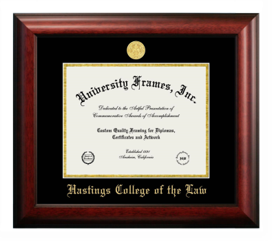 Hastings College of the Law Diploma Frame in Satin Mahogany with Black & Gold Mats for document: 8 1/2"h x 11"w  