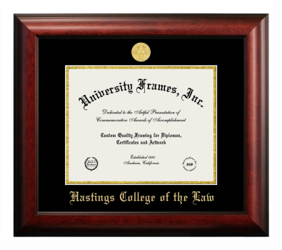 Hastings College of the Law Diploma Frame in Satin Mahogany with Black & Gold Mats for DOCUMENT: 8 1/2"H X 11"W  