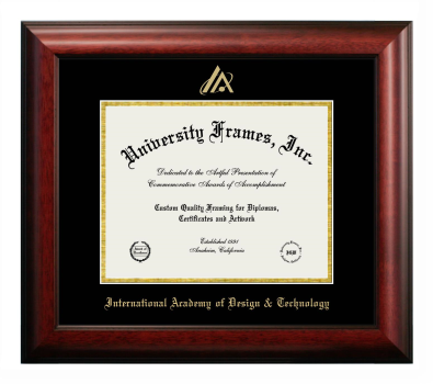 International Academy of Design & Technology Diploma Frame in Satin Mahogany with Black & Gold Mats for DOCUMENT: 8 1/2"H X 11"W  
