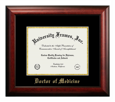 Doctor of Medicine Diploma Frame in Satin Mahogany with Black & Gold Mats for document: 8 1/2"h x 11"w  