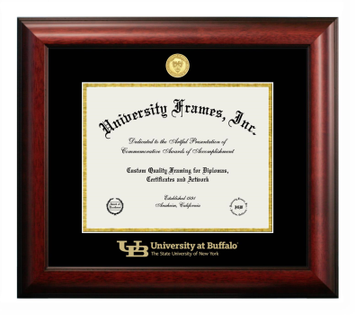 University at Buffalo The State University of New York Diploma Frame in Satin Mahogany with Black & Gold Mats for DOCUMENT: 8 1/2"H X 11"W  