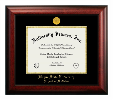 Wayne State University School of Medicine Diploma Frame in Satin Mahogany with Black & Gold Mats for DOCUMENT: 8 1/2"H X 11"W  